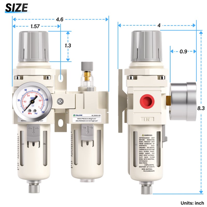 TAILONZ PNEUMATIC 3/8 Inch NPT Air Filter Pressure Regulator Water/Oil Trap Separator Combo(0-145PSI),Air Tool Compressor Filter with Gauge AC3010-03(Manual Drainage) - Image 2